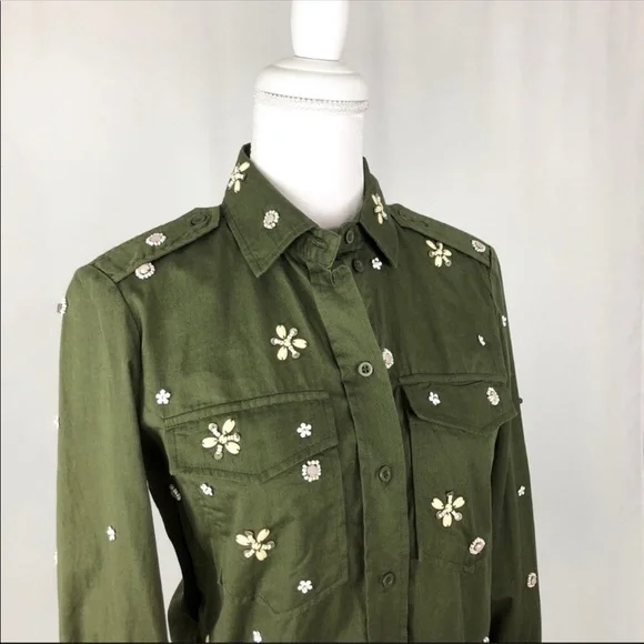 Joie bead embellished military olive green Hayfa shirt button down top XS - Picture 6 of 12